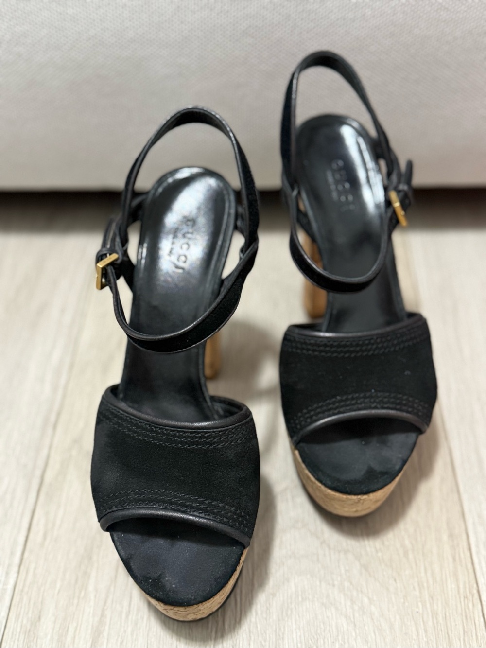 Gucci Black Suede Cork Platform Slingback Heels